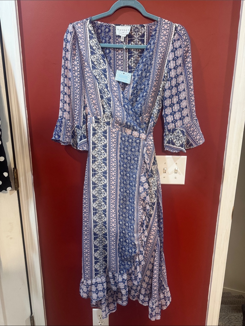 Hayden Blue & White Printed Wrap Midi Dress